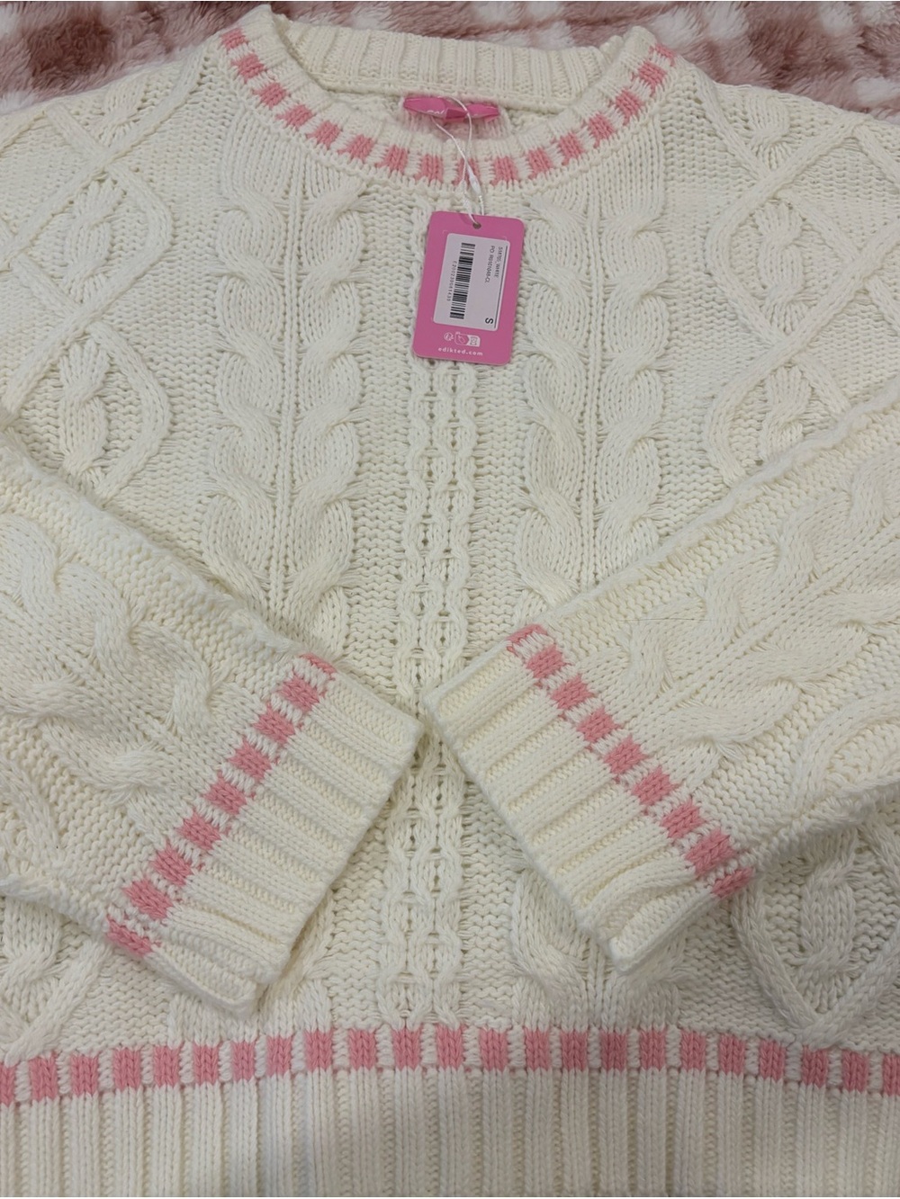 Edikted Cream Cable Knit Crewneck with Pink Stripe Trim